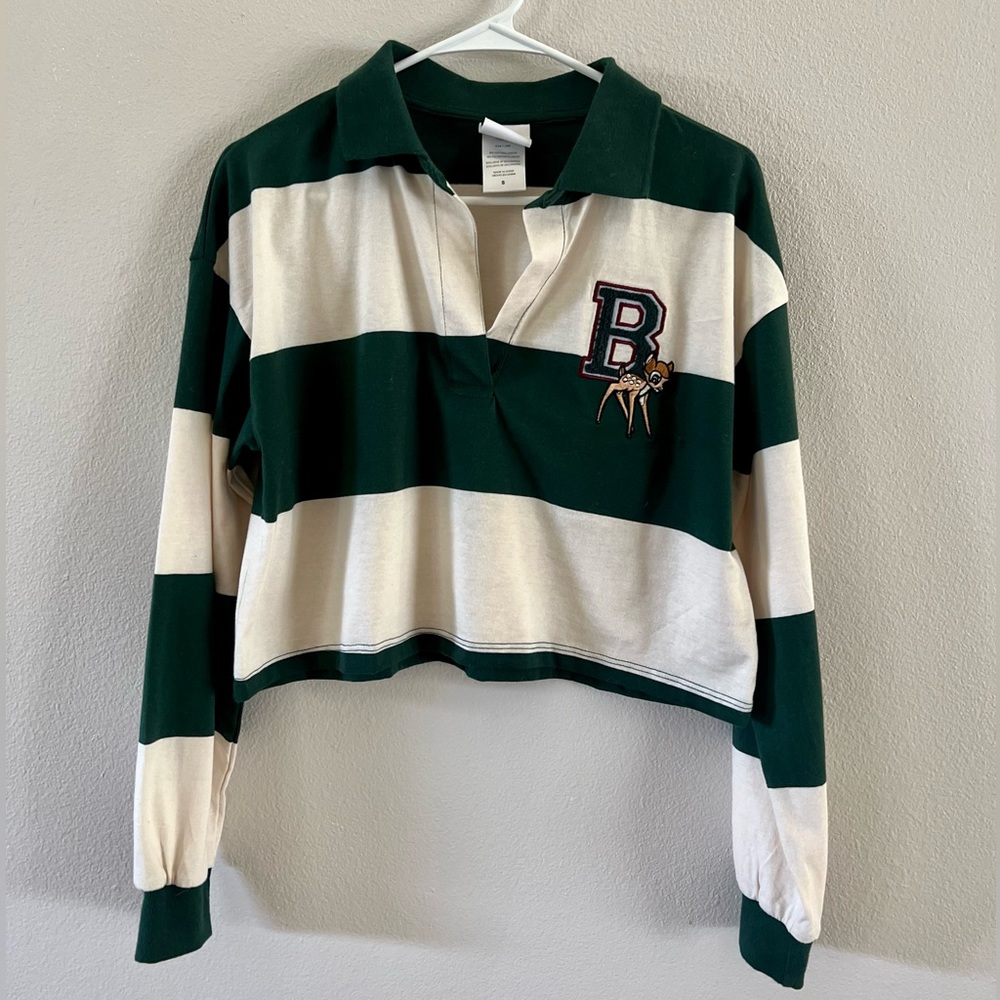Women's Disney Bambi Long Sleeve Striped Graphic Polo T-Shirt - Ivory